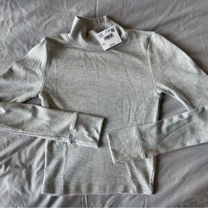 American Eagle Outfitters Gray Ribbed Cropped Turtleneck Top